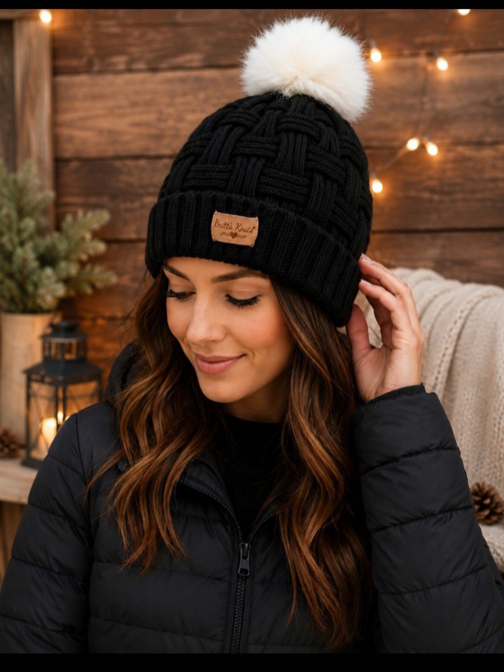 Britt’s Knits Black Chunky Knit Beanie White Faux Fur Pom Pom